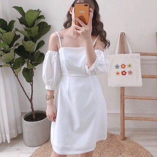Đầm 2 dây rớt vai tay bo
