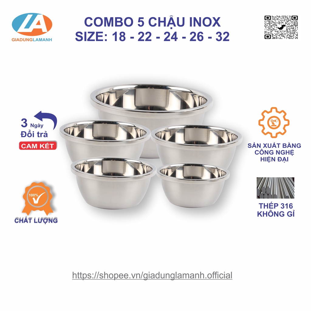 (Combo 5) Chậu Inox SUS 304, Thau Chậu Inox Đa Năng đủ size 18-32