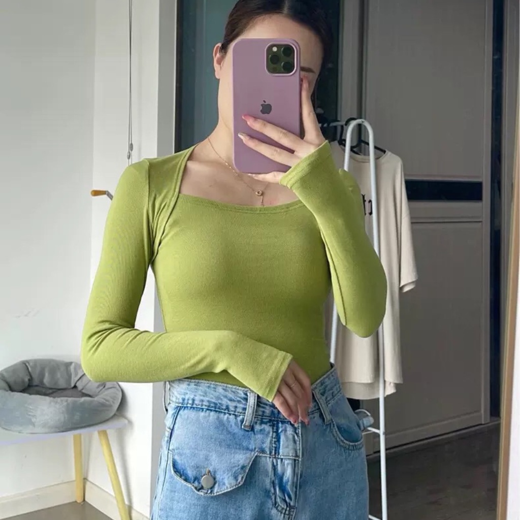 Áo thun cổ vuông dài tay, áo cổ vuông tôn dáng hàng cao cấp order Taobao nhà Oanhdilys