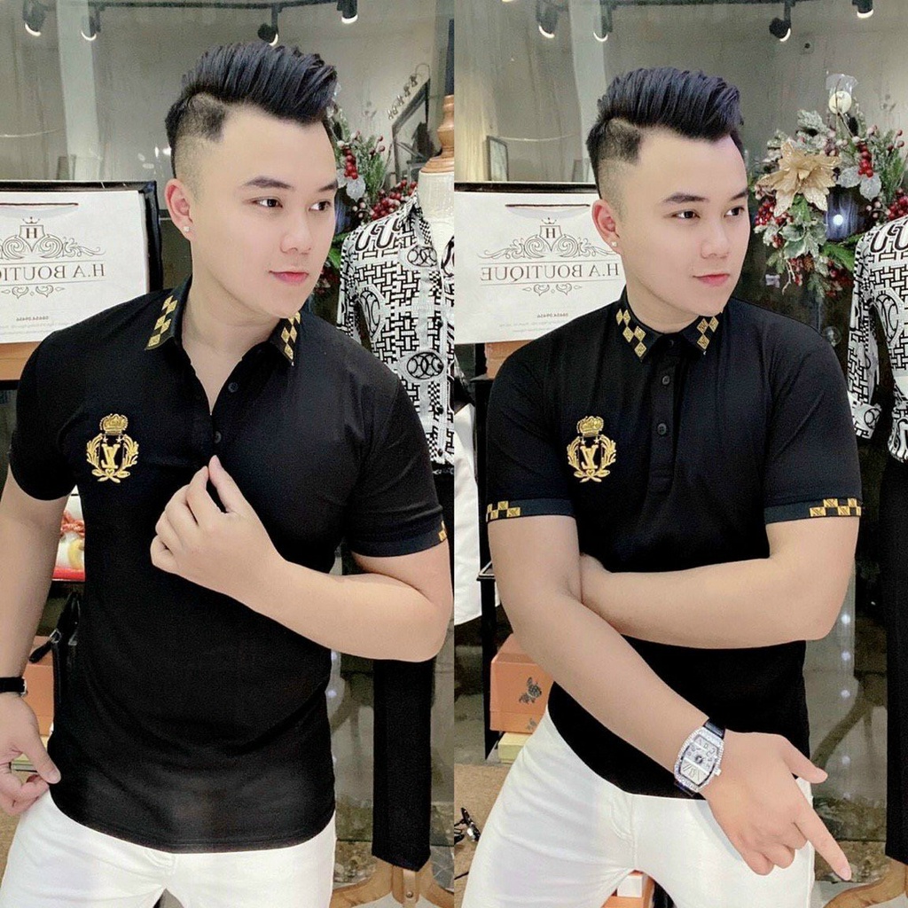 Áo phông nam có cổ tay ngắn thêu LV vải thun poly cotton co giãn thêu họa tiết - ATN4702