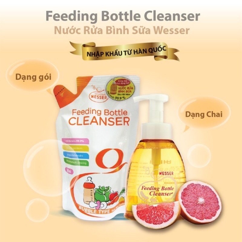 Bộ 1 Chai Và 1 Gói Nước Rửa Bình Sữa Wesser 500ml