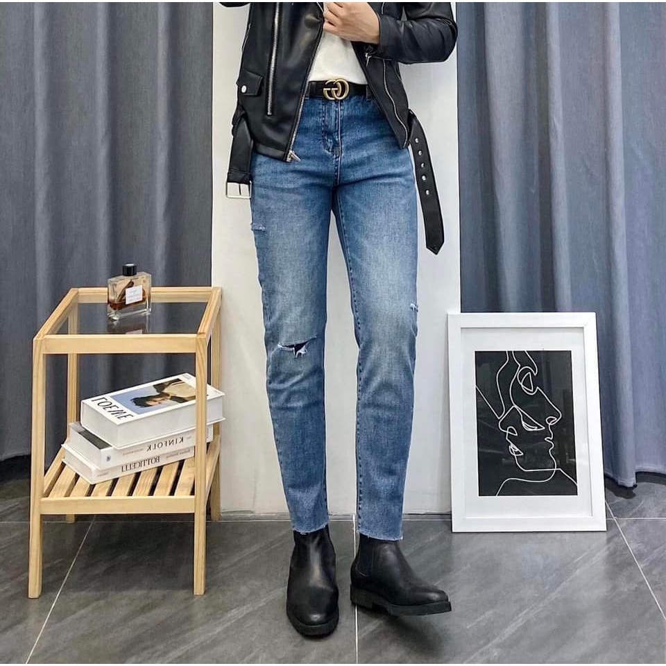 Quần Jean Nam Ống Đứng Trơn Màu Xanh Đậm Rách Gối From Skinny Hack Dáng Cực Đẹp