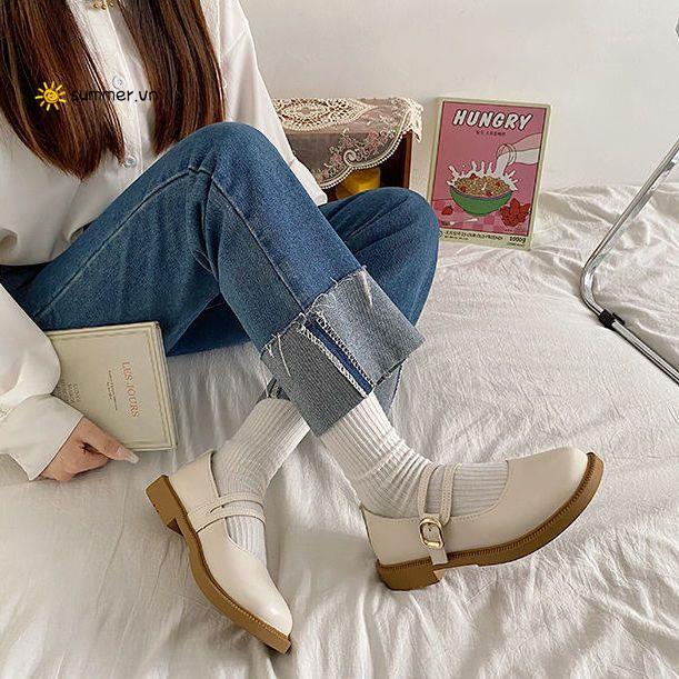 Giày Búp Bê Da Đế Bằng Miệng Nông Kiểu Preppy Thời Trang Mùa Hè 2022 Cho Bạn Gái