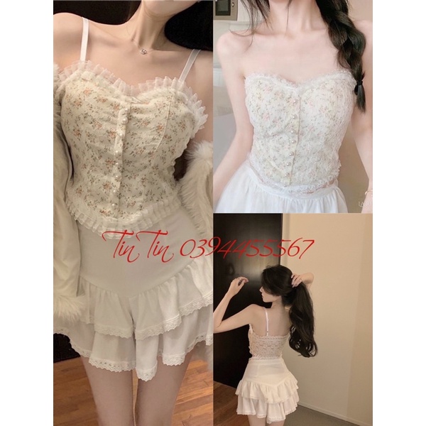 Bralete ren nữ, áo croptop ren hoa nhí tiểu thư đính ngọc vintage ullzzang Loli siêu dễ thương