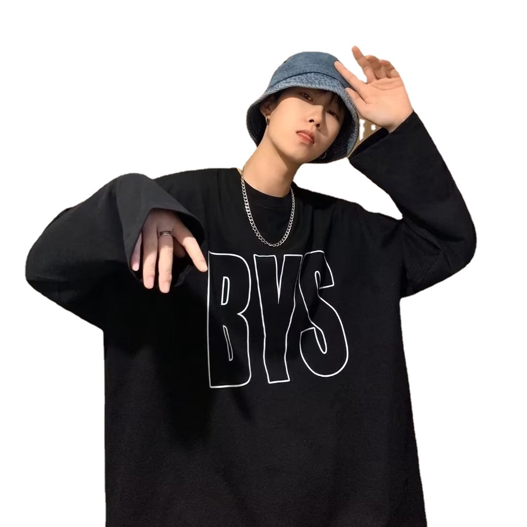 Áo Thun Tay Dài Cổ Tròn Dáng Rộng In Chữ Phong Cách Hip Hop Hàn Quốc Thời Trang Cho Nam Size M-5XL