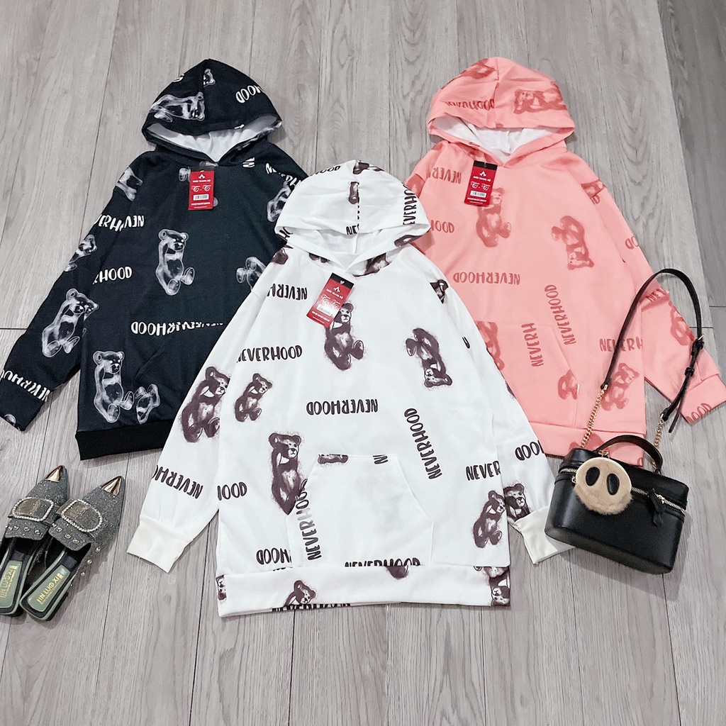 Áo Hoodie Nỉ Gấu NEVERHOOD 🦋 Áo Nỉ Ngoại Túi Trước In Hình Dáng Rộng 3 Màu 🦋