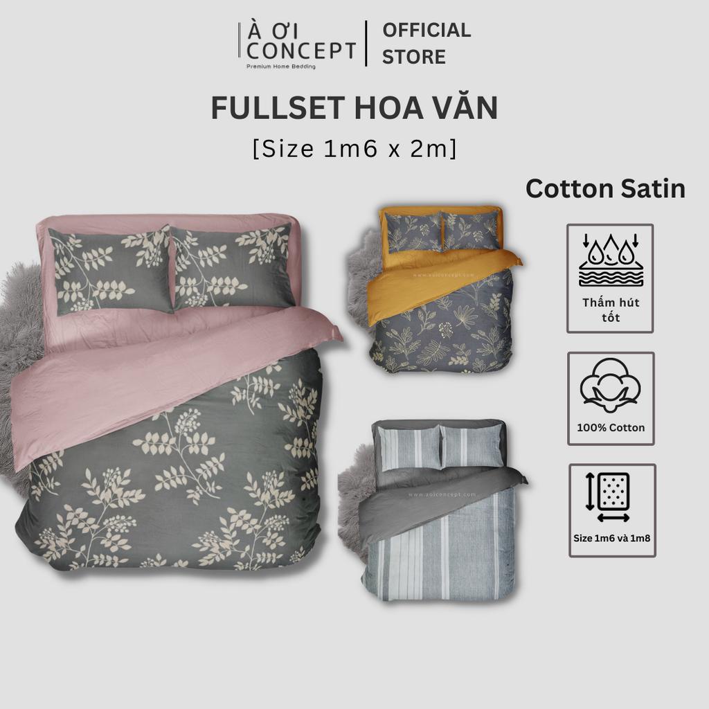 Bộ Chăn Ga Gối 5 Món Cotton Satin Size 1m6 x 2m Nhiều Hoa văn À Ơi Concept cao cấp Hàn Quốc