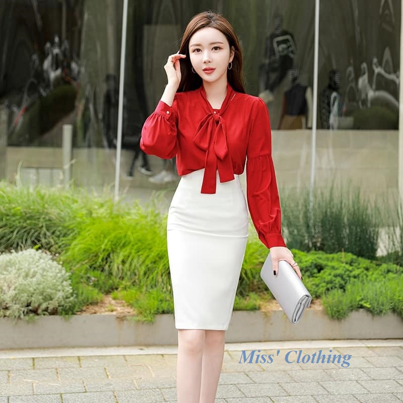 (Tiệm may) Chân váy ôm màu trắng xẻ sau tới gối (váy 2 lớp sẵn size)- B8B