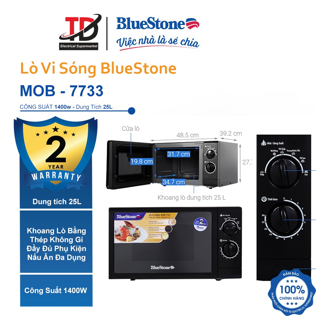 [Mã ELHAMS5 giảm 6% đơn 300K] Lò vi sóng Bluestone MOB-7733 25 lít , Công Suất 1400W, Bảo hành chính hãng 2 năm