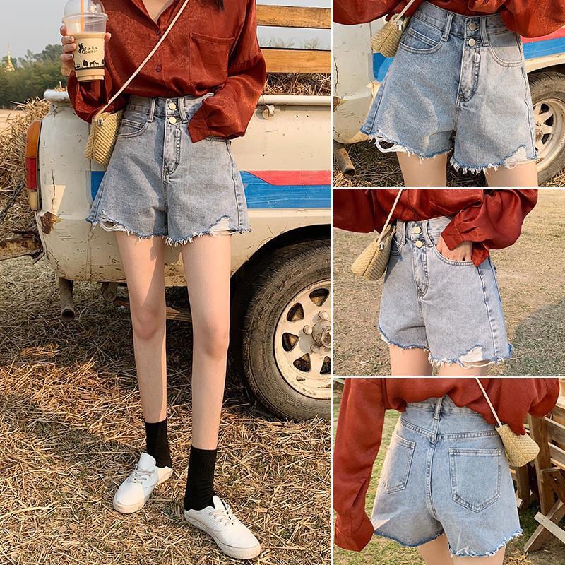 Quần short nữ denim rách ống rộng cạp cao chữ A màu xanh lam vintage Phong cách hàn quốc