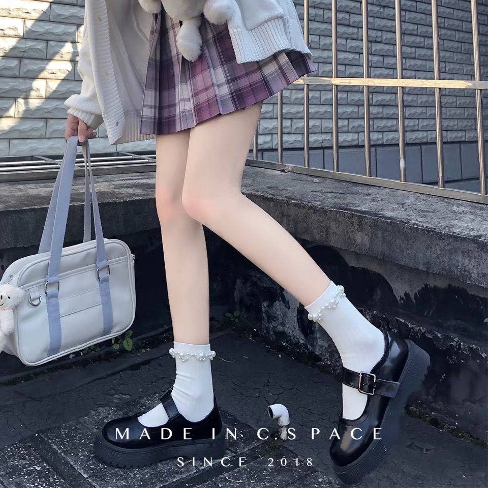 Tất ống phối ren đính ngọc trai nhân tạo kiểu Nhật dễ thương dành cho nữ