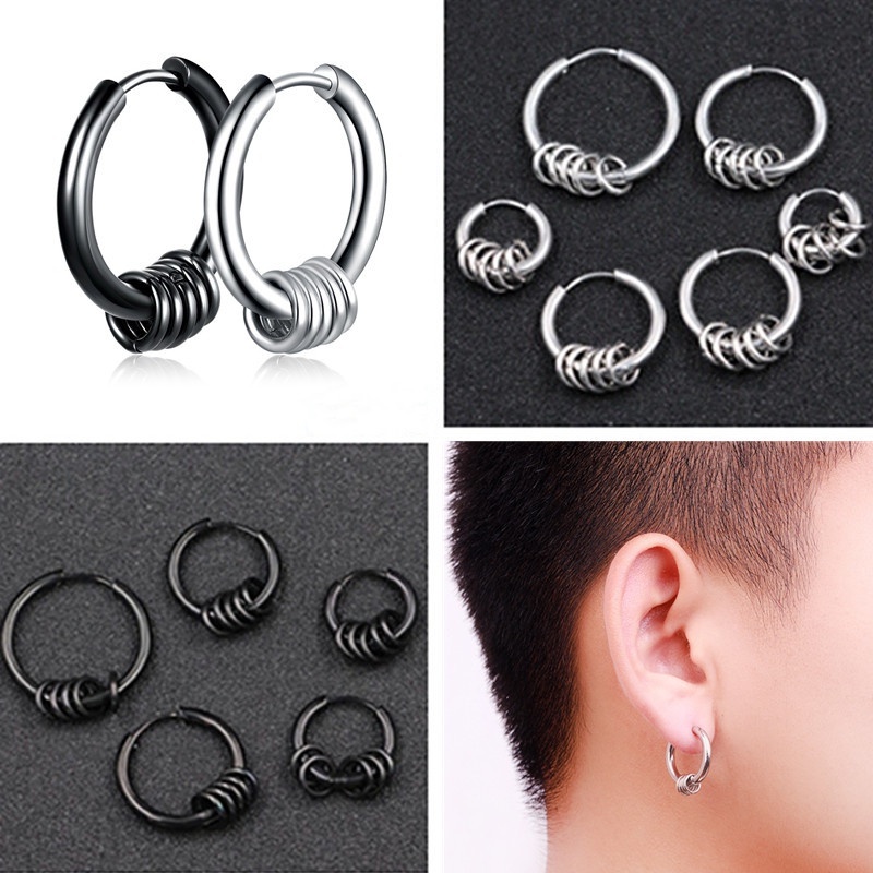 1 Đôi Bông Tai Tròn Bằng Thép Titan Màu Bạc/Đen Phong Cách Hip Hop Cá Tính Cho Nam Và Nữ