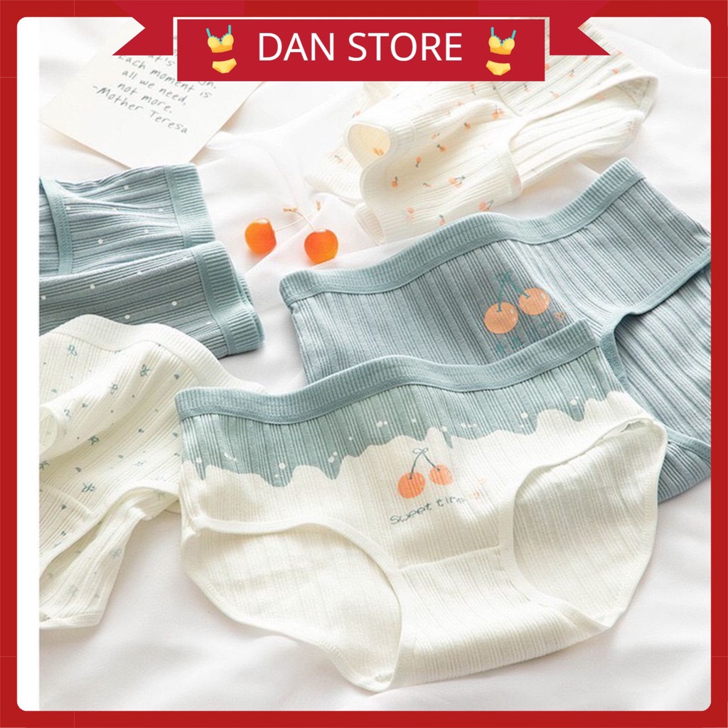 Quần Lót Nữ - Quần Lót Nữ Cotton gân tăm phối xanh trắng họa tiết cherry nơ dẽ thương DAN STORE MÃ 1798