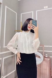 Sơ mi tiểu thu cổ cao tay dài freesize