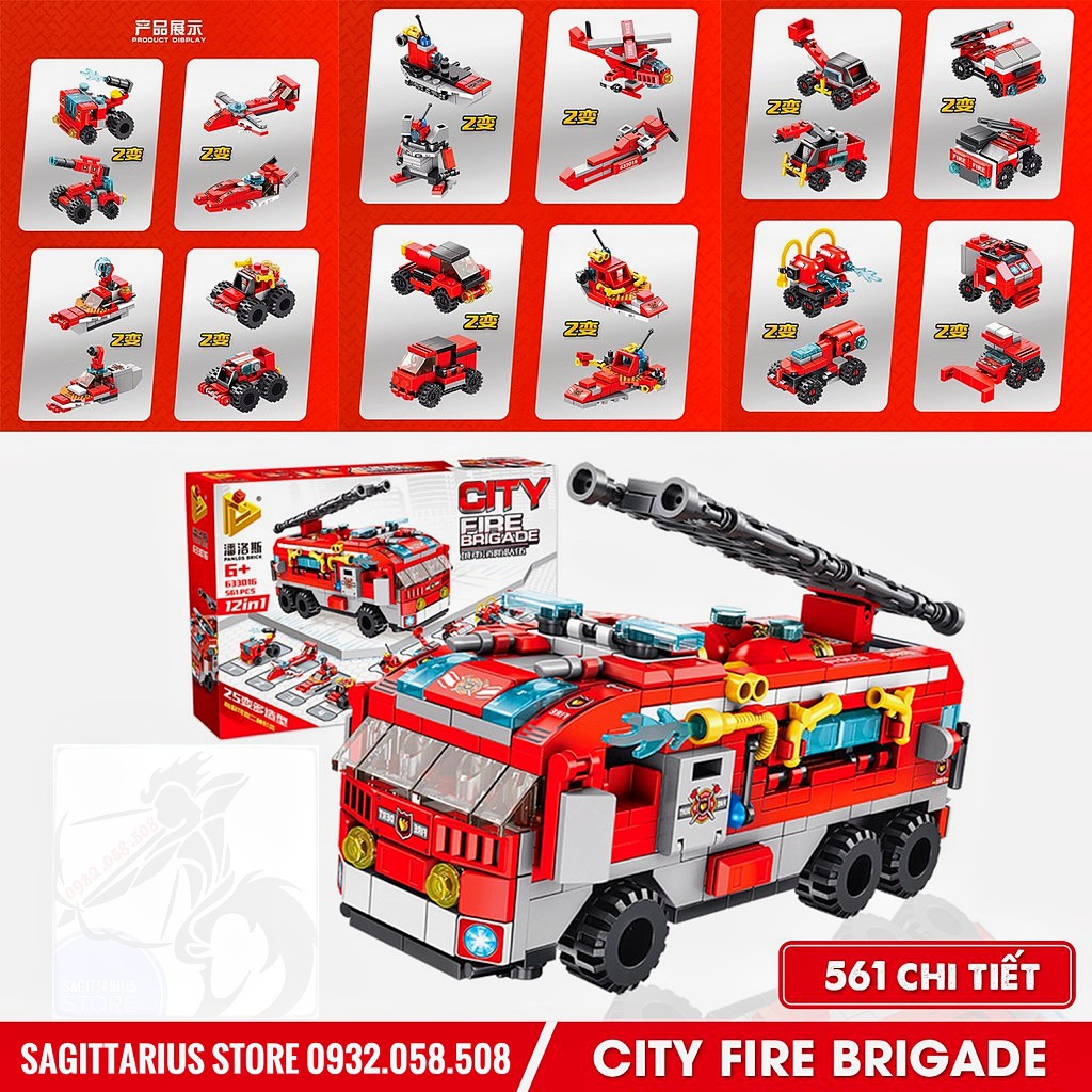 ( Có Sẵn )Lego Panlos 633016 Lắp Ráp Xe Cứu Hỏa 12 in 1 - City Fire Truck ( 561 Mảnh )..
