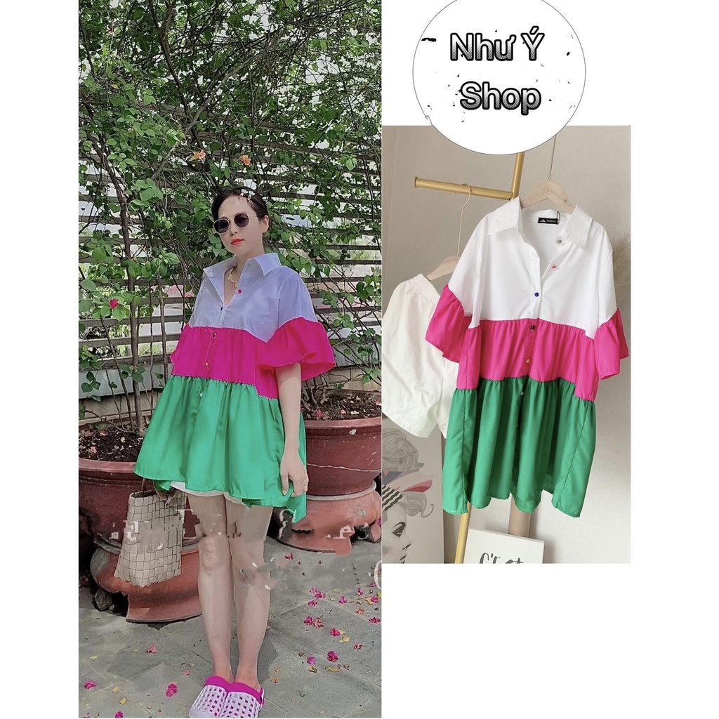 Set Bộ Đồ Nữ Áo Sơ Mi Phối Màu + Quần Đùi Đi Chơi Đi Dạo Phố