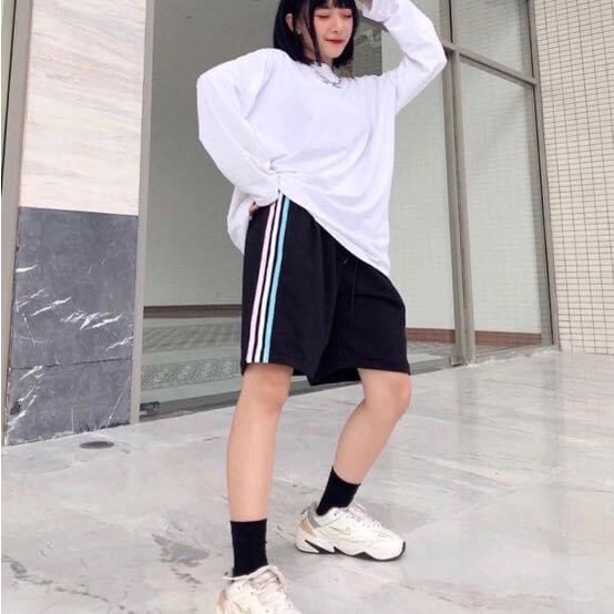 Quần Short Thun Unisex Nam Nữ Phối 3 Sọc Hồng Xanh Trắng, Quần Đùi Ngắn Ống Suông