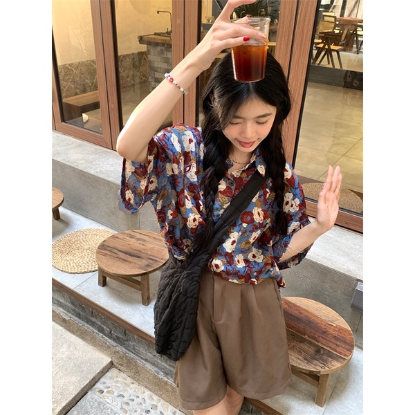 【ZHELIHANGFEI】Áo Sơ Mi Tay Ngắn Dáng Rộng Họa Tiết In Hoa Cao Cấp Thời Trang