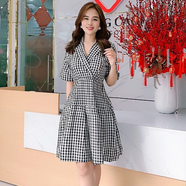 Đầm cổ Vest ca rô Hàn Quốc SD1356 Phong Cách SAIGON