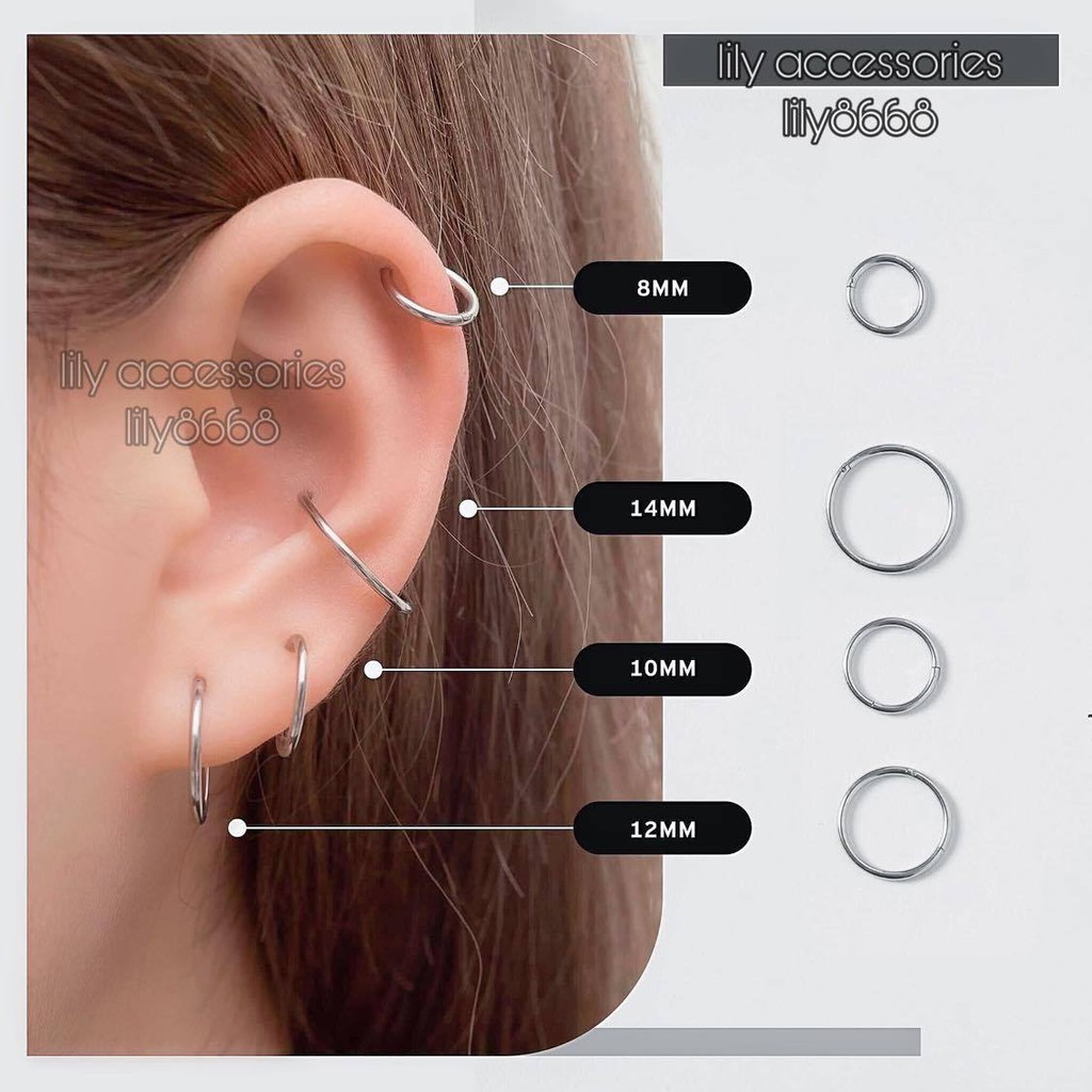 Slim Hoop Earring khuyên tai titan tròn bật khấc không gỉ không đen không dị ứng ...