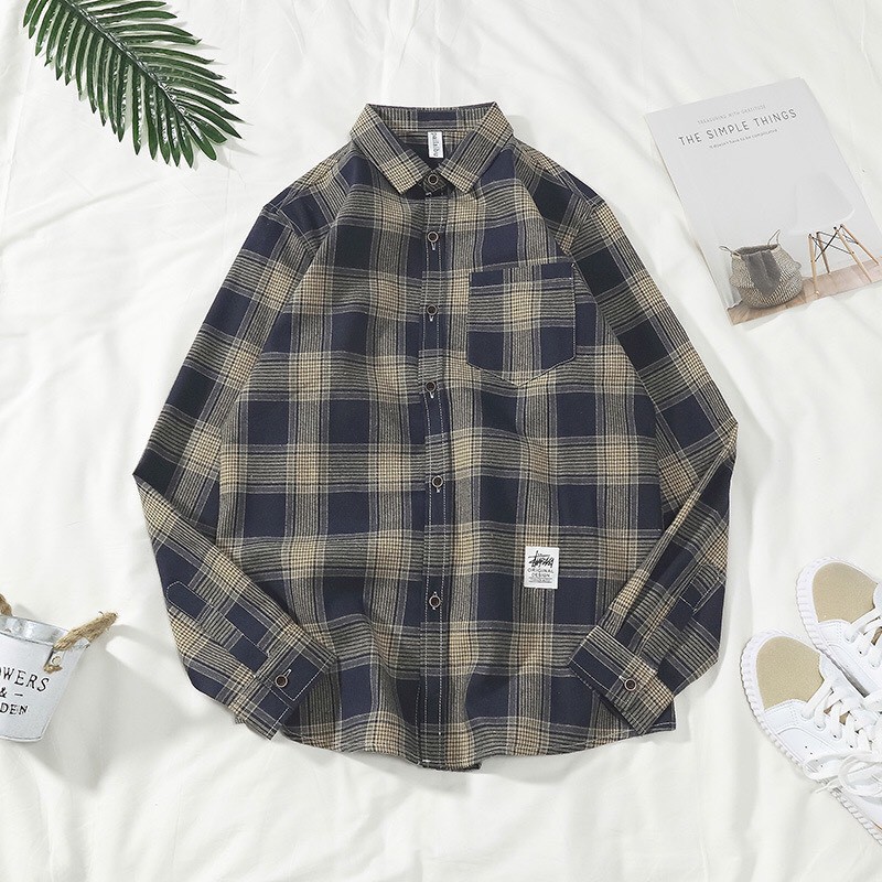 Áo sơ mi nam kẻ caro vừa sọc xanh nâu có túi ngực | BigBuy360 - bigbuy360.vn