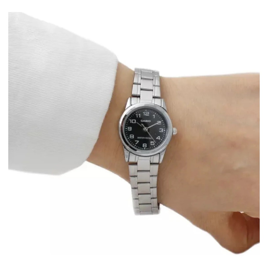 Đồng hồ Nữ Casio LTP-V001D-1B, đồng hồ chính hãng, dây bạc, mặt đen số