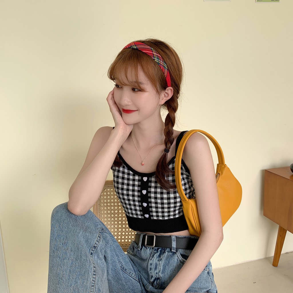 Áo croptop Lửng Hai Dây Họa Tiết Ca Rô Quyến Rũ Dành Cho Nữ | BigBuy360 - bigbuy360.vn