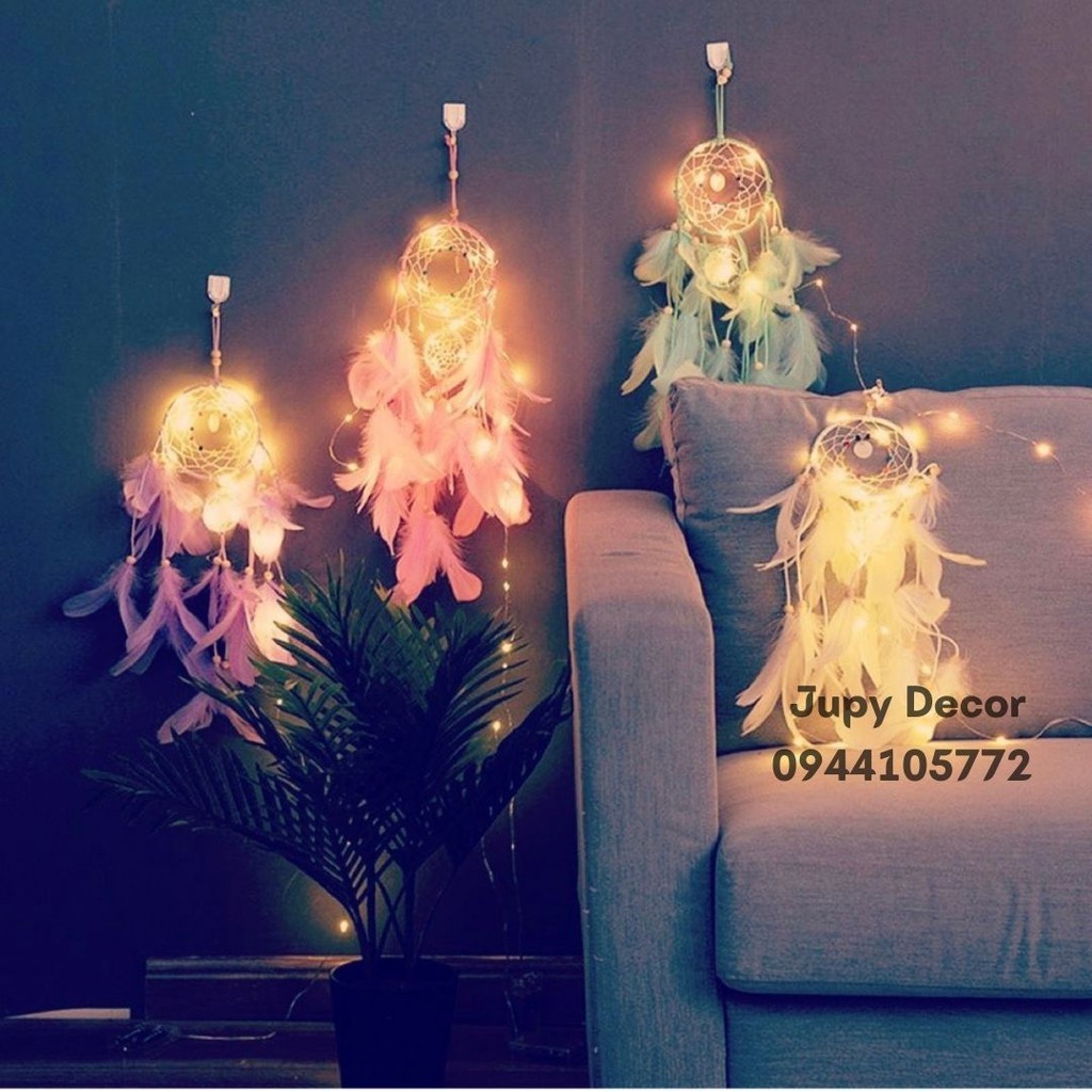 [SẴN + 🎁TẶNG ĐÈN ĐOM ĐÓM ] Dreamcatcher đính lông vũ màu xanh pastel trang trí phòng ngủ cực xinh (Chuông gió lông vũ)