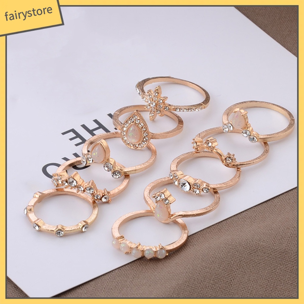 Set 10 Nhẫn Đeo Đốt Ngón Tay Đính Đá Opal Nhân Tạo Thời Trang