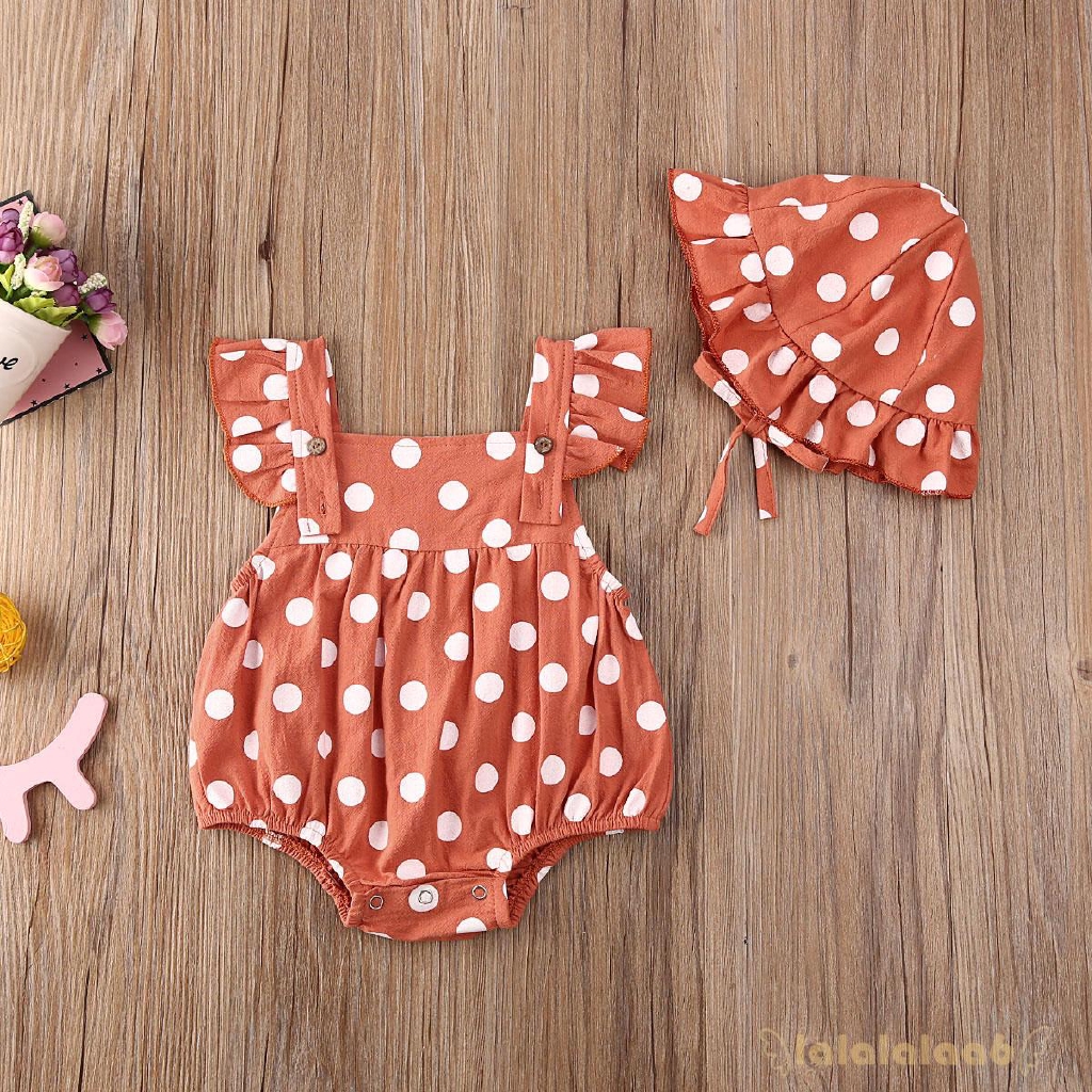 Jumpsuit Tay Ngắn Chấm Bi+Mũ Cho Bé Gái