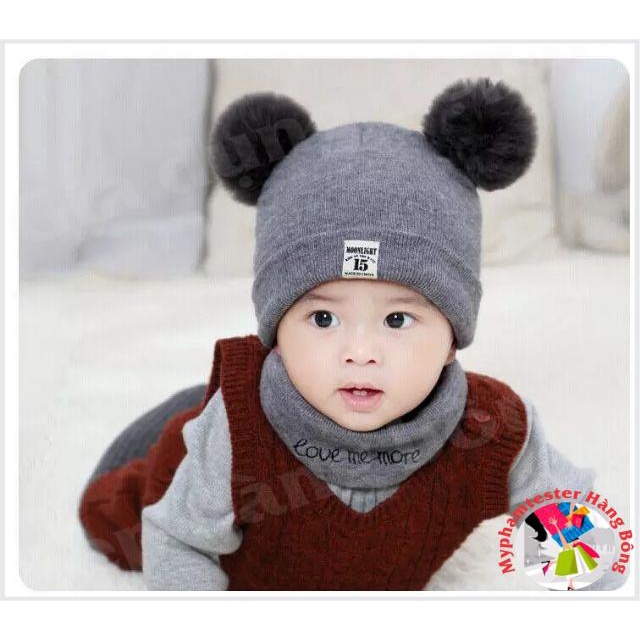 Bộ mũ gấu kèm khăn ống cho bé 0-12 tháng