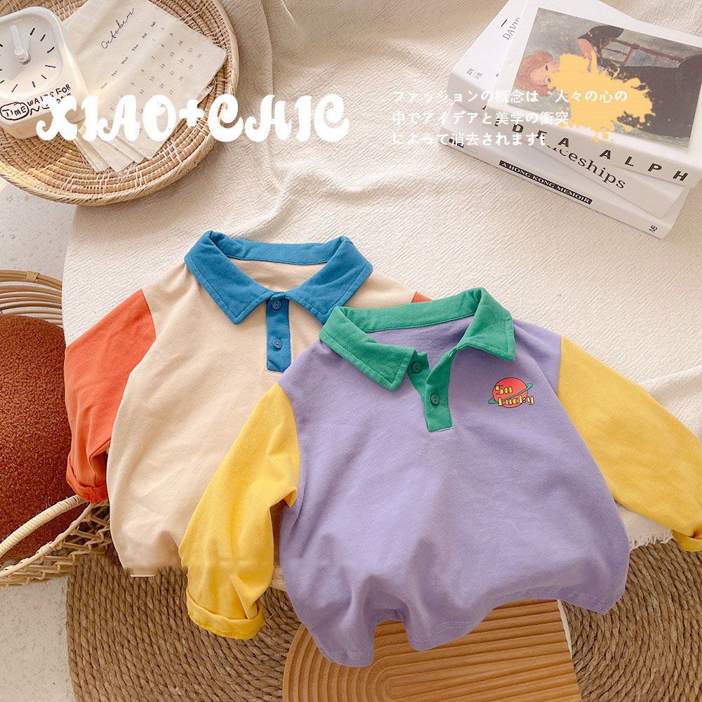 [Babycat] Hàng Có Sẵn Áo Thun POLO Cotton Nguyên Chất Tay Dài Màu Sắc Tương Phản Phong Cách Nhật Bản Hàn Quốc Cho Bé