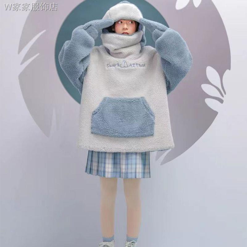 Áo Khoác Sweater Phối Nhung Dày Giữ Ấm In Hình Cá Mập Whw Great Shark Dễ Thương