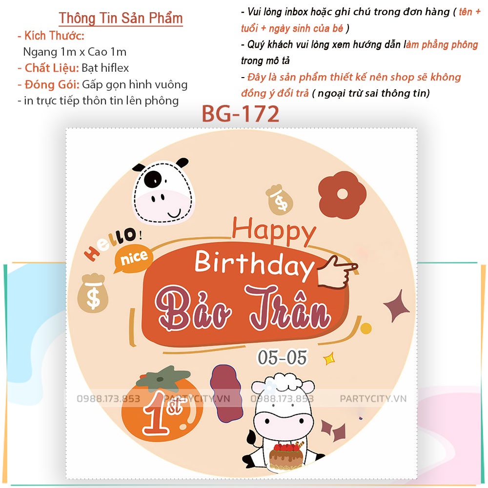 Phông nền trang trí sinh nhật bé trai bé gái tuổi trâu, Background sinh nhật in tên của bé lên phông