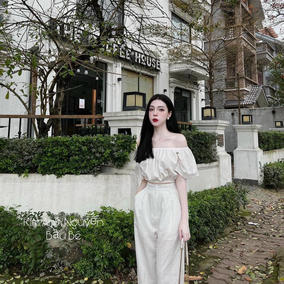 Set áo bẹt vai mix quần ống suông _ Hàng loại đẹp