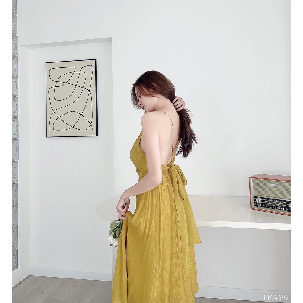Đầm midi 2 dây chéo lưng cột nơ siêu sexy