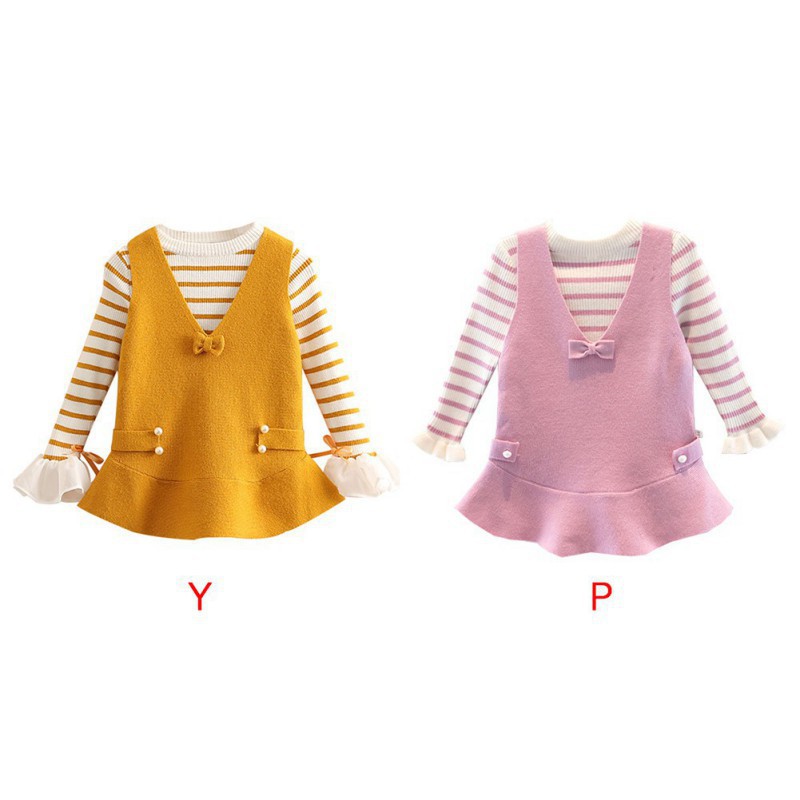 Babyme Autumn Baby Girls Stripe Print Long Flare Sleeve Fake 2 Piece Dress Kids Princess Dresses