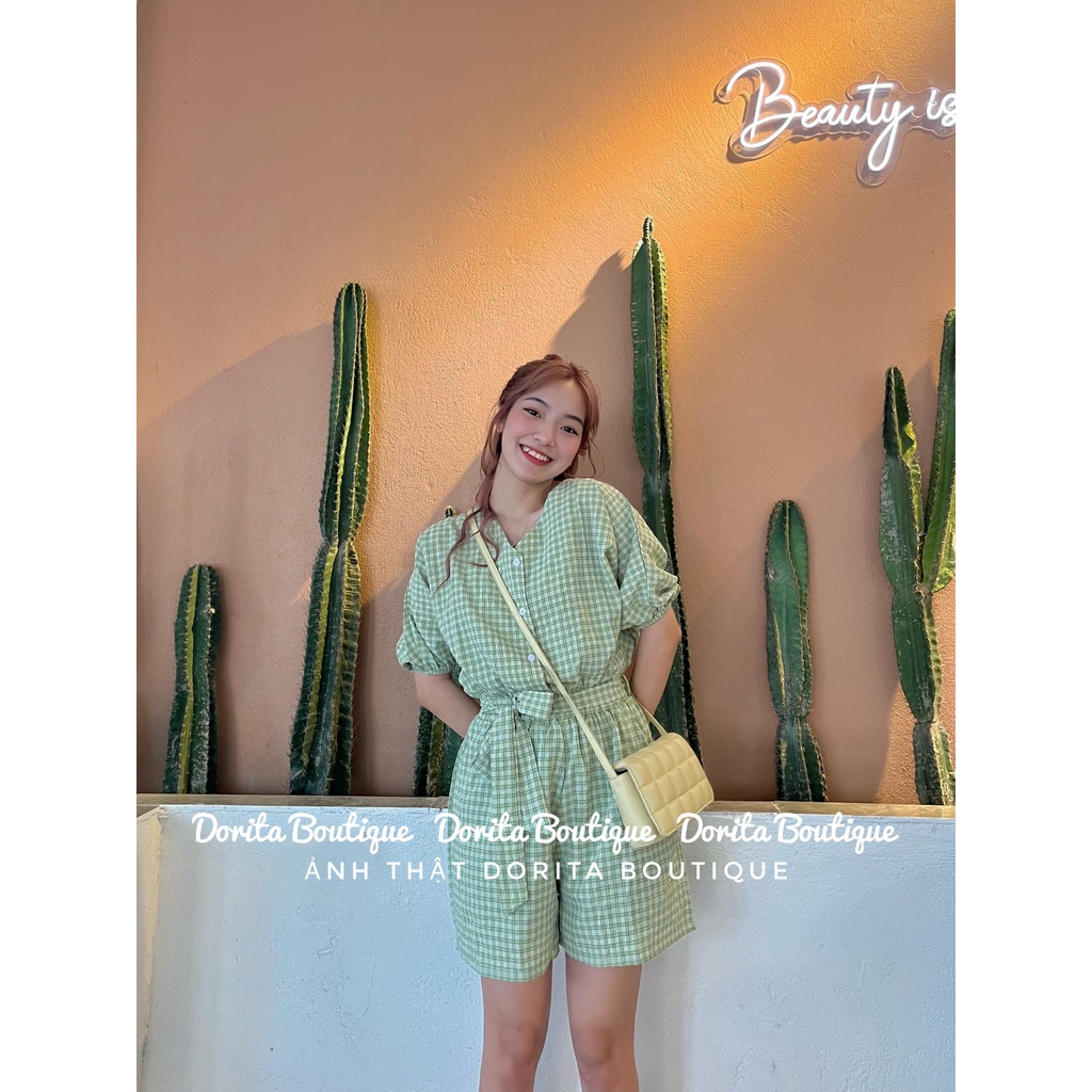 Jum kẻ kèm đai dáng Hàn, Jum kẻ caro kèm đai vải đũi xốp - Dorita Boutique
