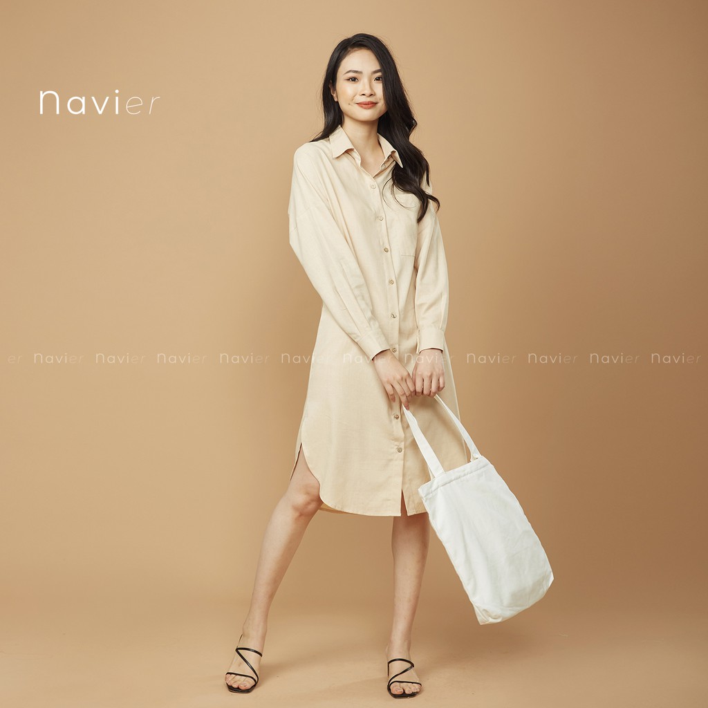 ĐẦM SƠ MI NỮ DÁNG DÀI SUÔNG KÈM DÂY ĐAI PHONG CÁCH ULZZANG - LINEN SHIRT DRESS D03 NAVIER