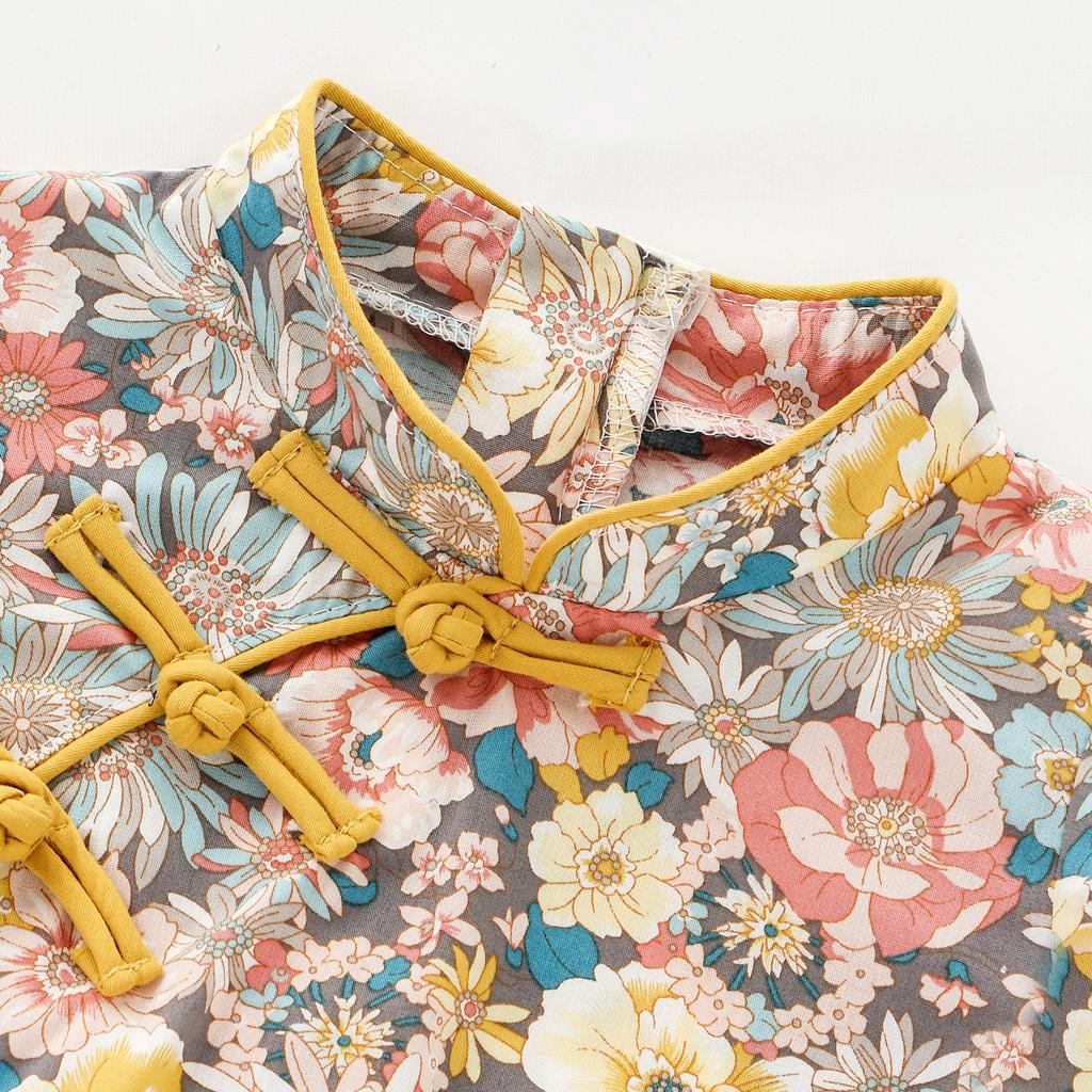 Áo liền quần ngắn tay in hoa phong cách Trung Hoa dễ thương cho bé