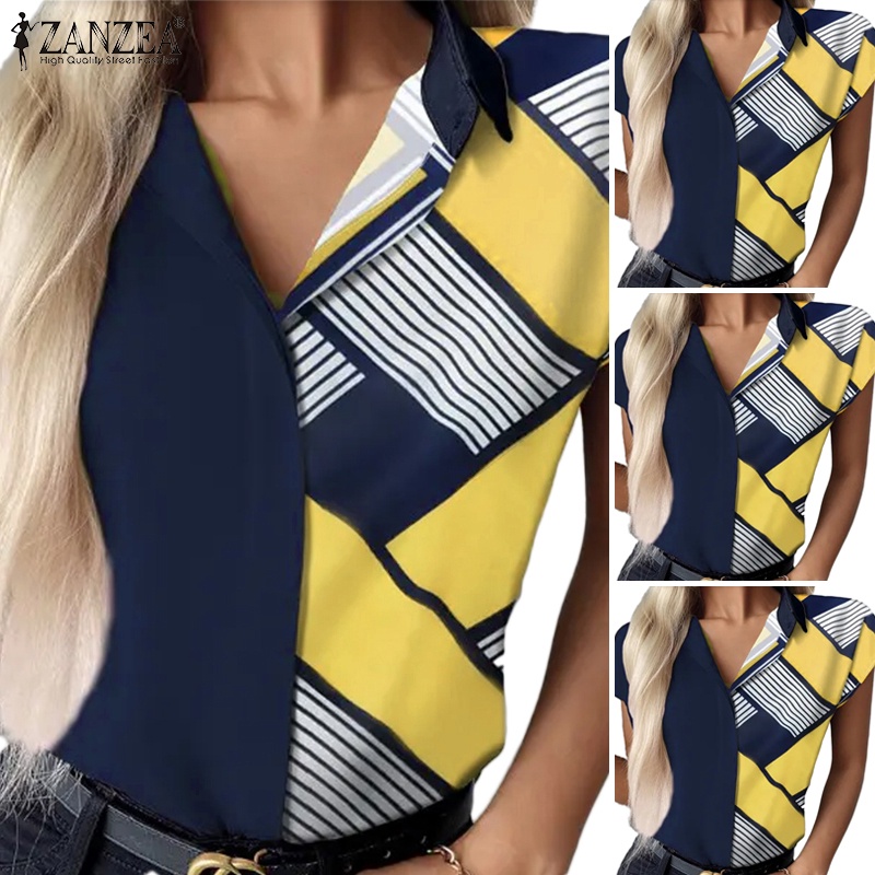 Zanzea Áo Sơ Mi Cổ Bẻ Ngắn Tay In Họa Tiết Hình Học Thời Trang Cho Nữ
