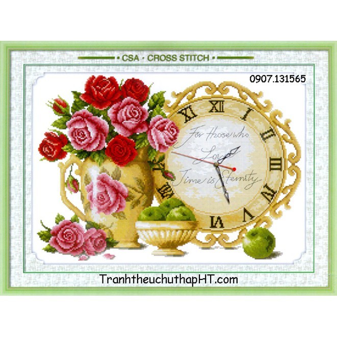 Tranh thêu chữ thập Bình hoa hồng đồng hồ cổ 57*42cm 8050 - tự thêu