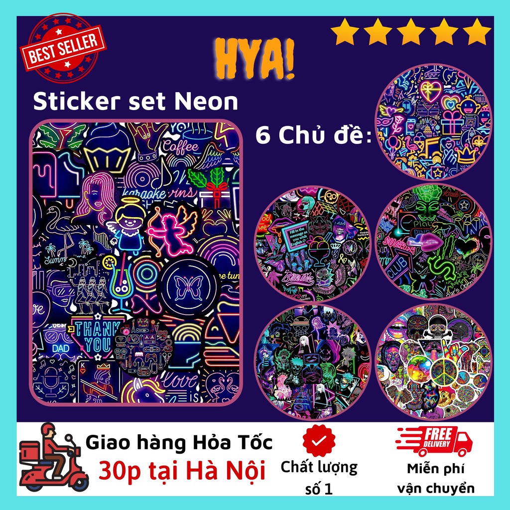 Sticker dán mũ bảo hiểm set Neon 50 hình dán cute dễ thương Sticker HYA trang trí laptop mũ bảo hiểm xe máy ván trượt