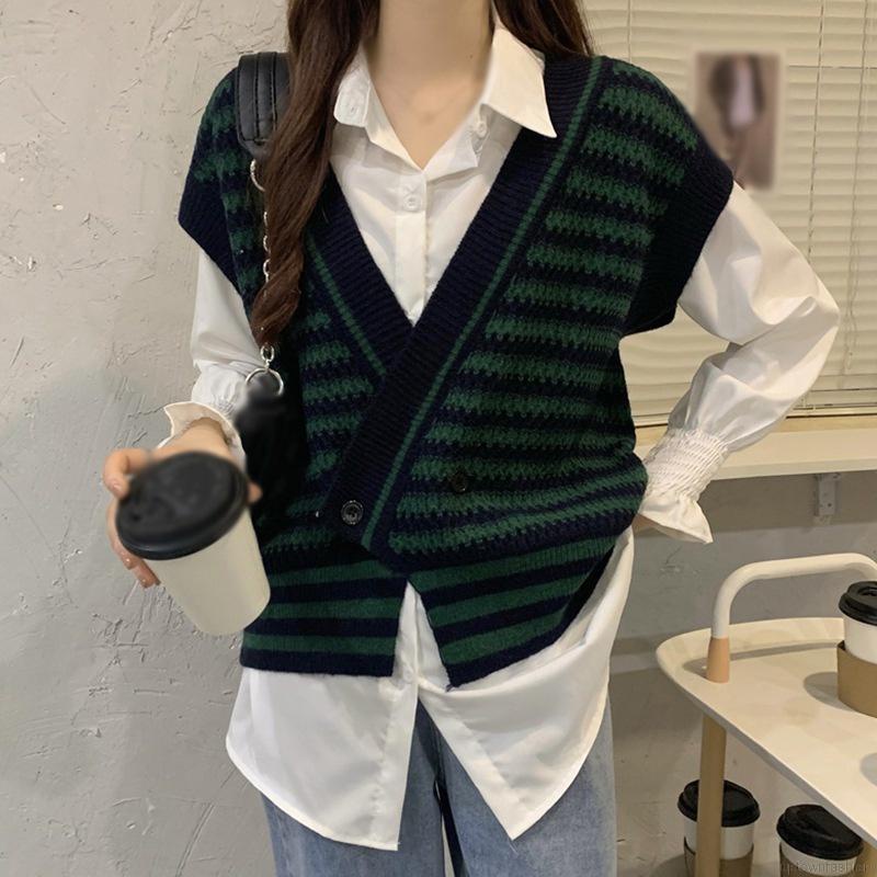 Áo khoác cardigan sát nách dệt kim họa tiết kẻ sọc phong cách retro thời trang dành cho nữ
