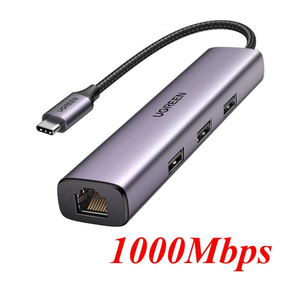 Bộ chuyển USB-C 4 in 1 sang 3 cổng USB + RJ45 Giagabit Ugreen 60600 dài 20CM Màu Xám CM475 Hàng chín