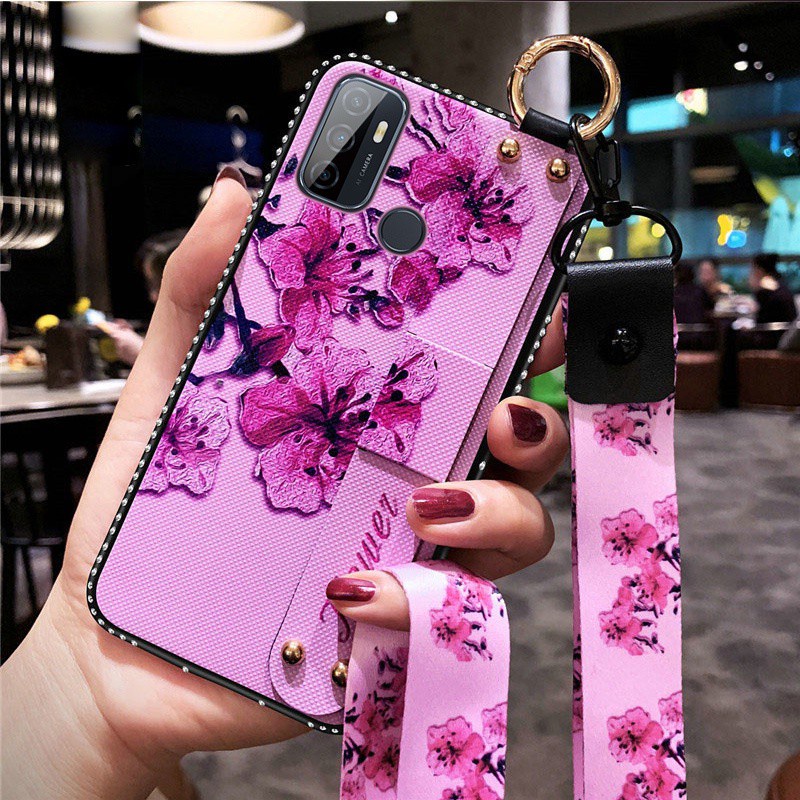 Ốp Điện Thoại Dẻo Họa Tiết Hoa & Vân Kim Cương Độc Đáo Kèm Vòng Tay & Dây Đeo Chống Rơi Cho Oppo A53