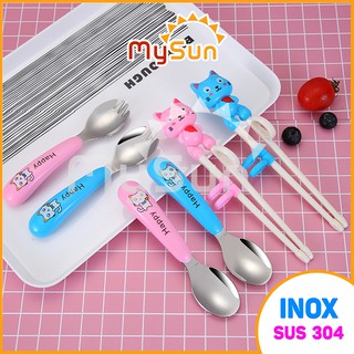 Đũa tập ăn INOX 304 cho bé trẻ em | Bộ thìa ăn dặm tập xúc đũa tập gắp xỏ ngón đồ dùng ăn dặm cho bé