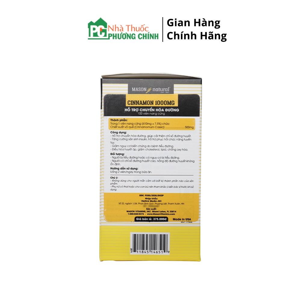 Viên Tiểu Đường Cinnamon Mason Natural - Hỗ Trợ Ngăn Ngừa Bệnh Đái Tháo Đường