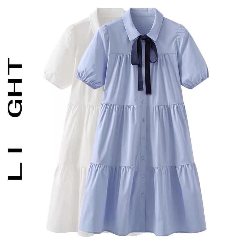 Váy sơ mi babydoll kèm nơ ullzang - Đầm sơ mi babydoll kèm nơ dáng xoè Pea Store (Hình thật/Sẵn)