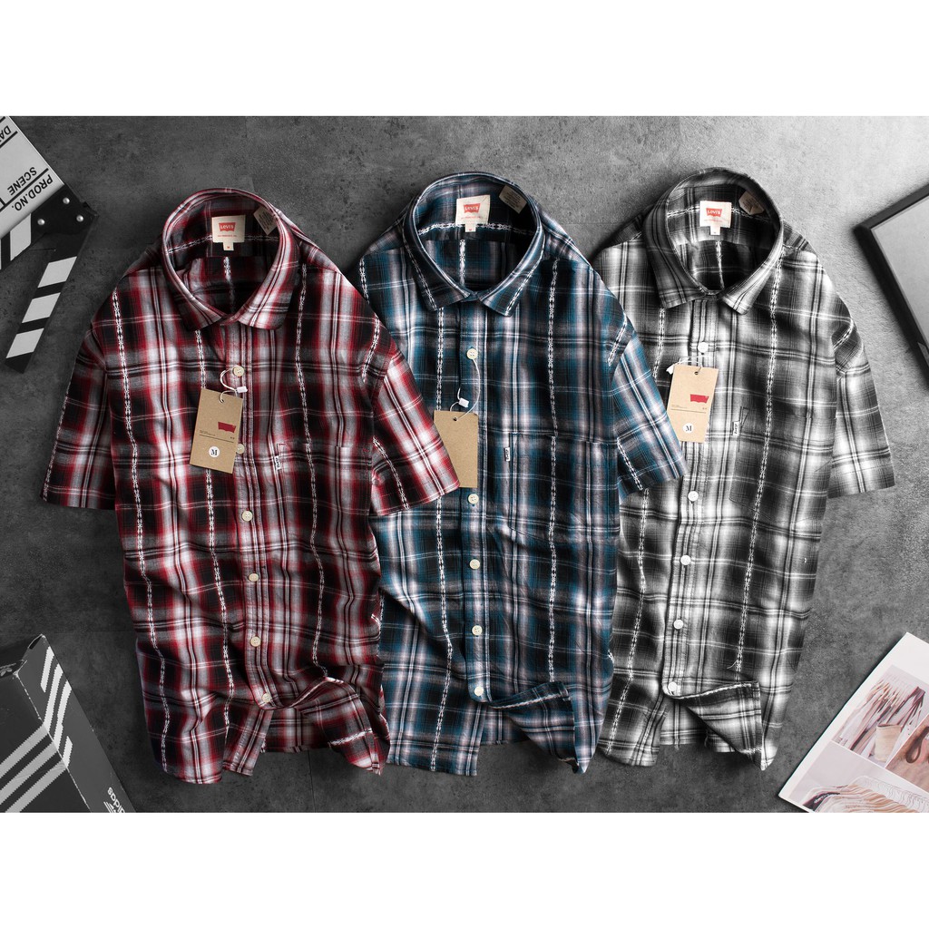 Áo sơ mi nam tay ngắn Levis cao cấp caro hoa văn thêu màu Xanh Da Trời chủ đạo - Phong Cách Sang Trọng | BigBuy360 - bigbuy360.vn